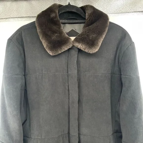 Jones New York Black Modacrylic Velvety Winter Coat XL Faux Fur Trim Full Zip - Picture 4 of 16